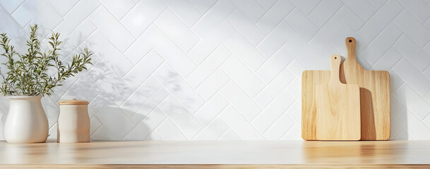 Minimalist Kitchen Background Mockup with White Herringbone Tile Backsplash, Vase, and Wooden Boards for Product Display