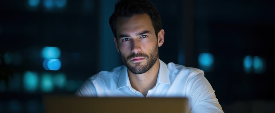 The businessman toils late alone shadows of exhaustion and ambition intertwining his dreams.