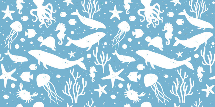 Ocean and Marine Life, Sea Animals Seamless Pattern