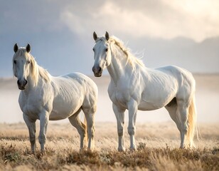 Obraz premium Two elegant white horses stand in a sunlit field, distant mountains in background, soft focus creating a peaceful atmosphere