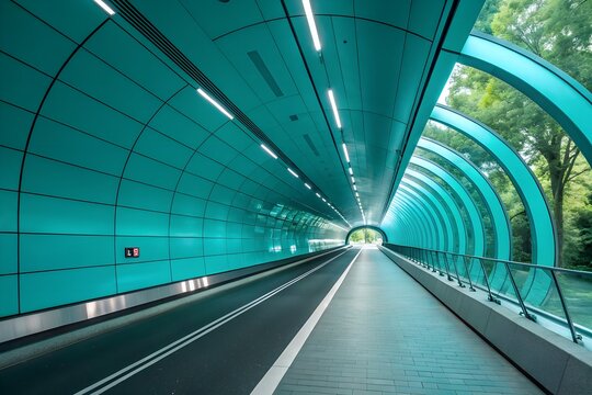 Modern turquoise tunnel with futuristic design leading to a bright exit with greenery - Powered by Adobe