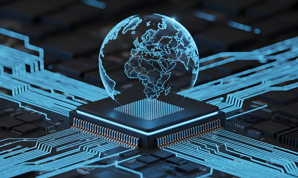 Cutting-edge global technology with glowing world globe and digital network on a modern circuit board design for business