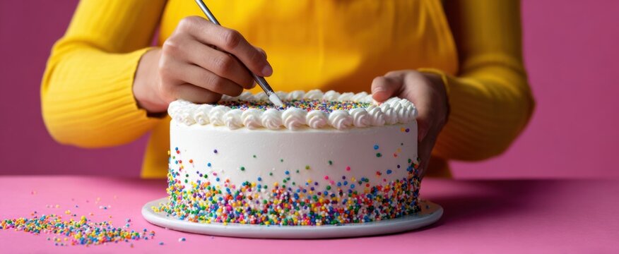 the skilled baker artfully embellishes a vibrant birthday cake with fluffy white frosting and bright sprinkles - Powered by Adobe