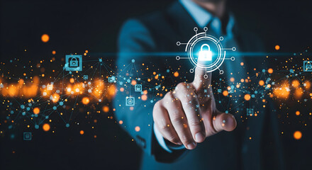 Cybersecurity professional activating digital security lock with modern technology and futuristic data network connections