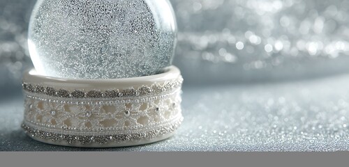 shimmering snow globe with lace edging, beaded texture, tinsel fringe with classic style.
