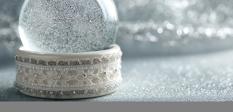 shimmering snow globe with lace edging, beaded texture, tinsel fringe with classic style.