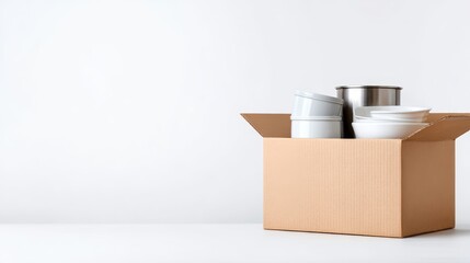 Cardboard box filled with kitchenware, including bowls and pots, placed on a clean surface, symbolizing the process of moving house and organizing belongings