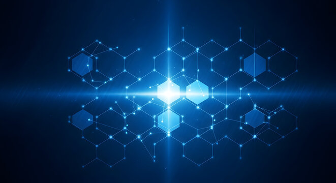 Modern technology background with glowing hexagon network for digital innovation and connection, a stunning data visualization
