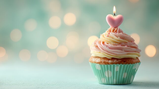 cupcake with heart-shaped candle, pastel green bokeh background 