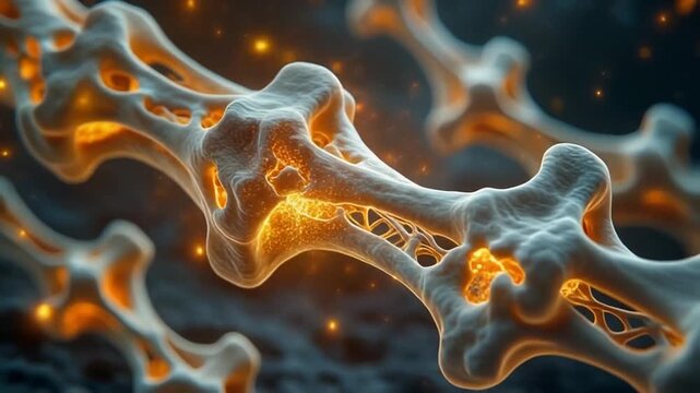 Abstract Close-Up Of Regenerating Bone Cells Illustrating Osteogenesis And Cellular Repair In A Vibrant Orange Glow On A Dark Textured Background