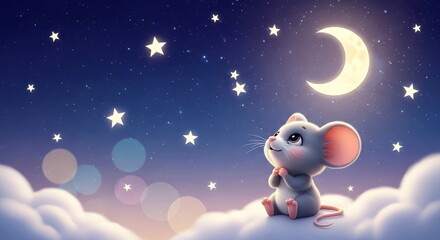 Cute mouse gazing at the moon and stars in a night sky  