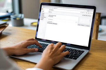 Close up hands typing on a laptop keyboard in office.