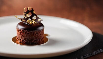 Artfully Plated Gourmet Chocolate Dessert with Dark Chocolate Ganache Edible Gold Leaf Butterfly and Sparkly Crumble on White Plate