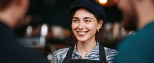cheerful server bringing fresh brews to patrons in a coffee shop