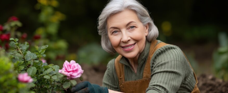 smiling senior woman cultivating flowers in her garden outdoors