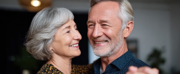 Senior couple dancing happily in a vibrant living room.