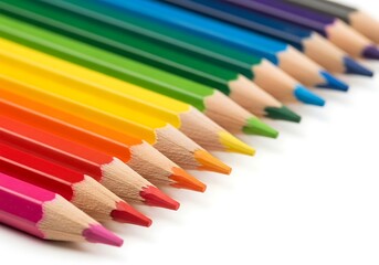 Fototapeta premium Row of vibrant colorful pencils arranged in a rainbow gradient, perfect for art and school supplies, isolated on white background