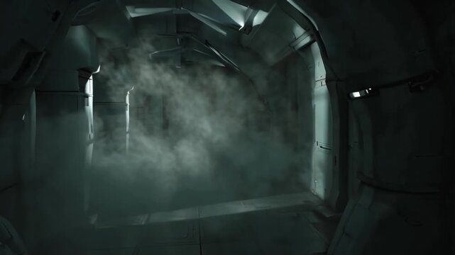 A dark, atmospheric, seamless loop animation simulating movement through a dense, swirling tunnel of fog or smoke endless forward movement inside dark foggy brick sewer tunnel with old rusty pipes