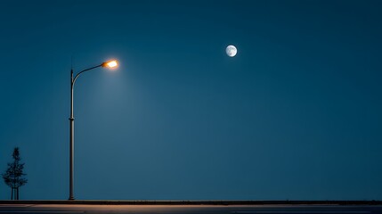 Modern LED street lamp post illuminated against deep blue twilight sky with faint moon and minimalist urban design from low angle view point.