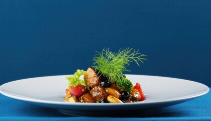 Artfully Plated Gourmet Dish with Glazed Scallops Broccoli Florets Fresh Herbs Vibrant Tomatoes and Textured Elements on White Plate Blue Background