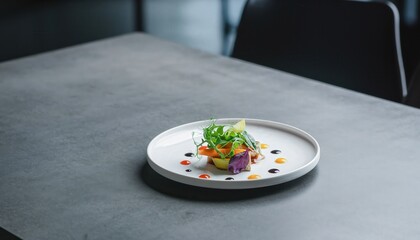 Artfully Plated Gourmet Dish with Vibrant Purple Puree Orange Sauce Dots and Lush Green Microgreens on White Plate in Soft Natural Light Shadows