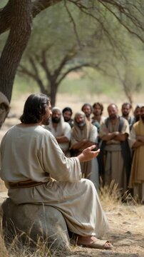 Jesus sitting under tree teaching disciples in biblical setting, spiritual lesson outdoors, New Testament moment, Christian faith, sacred story