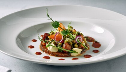 Artfully Plated Gourmet Seafood Dish with Prawns Green Peas Red Onions Sea Asparagus and Red Sauce Dots on Elegant White Plate Shallow Depth of Field Soft Directional Lighting