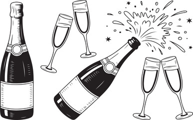Bottle of champagne and pair of glasses. Popping bottle with cork flying out. Black and white hand drawn vector illustration © Masud