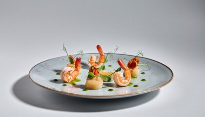 Artfully Plated Gourmet Seafood Dish with Succulent Shrimp Scallops Microgreens and Lemon on Textured Gray Plate under Soft Studio Lighting