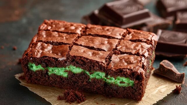 Video Close-up shot of a delicious-looking brownie with green frosting