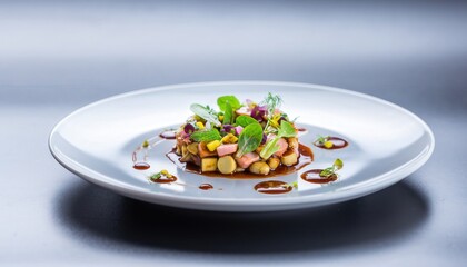 Artfully Plated Gourmet Seafood Stack with Salmon Cubes Corn Kernels Drizzled Sauce and Vibrant Microgreens on White Plate