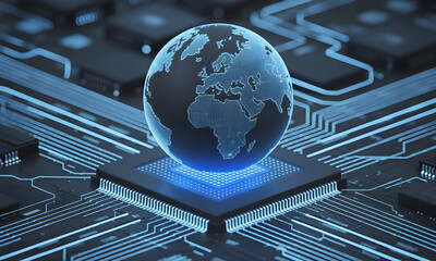 Dynamic globe on modern circuit board, representing global technology and interconnected digital network solutions