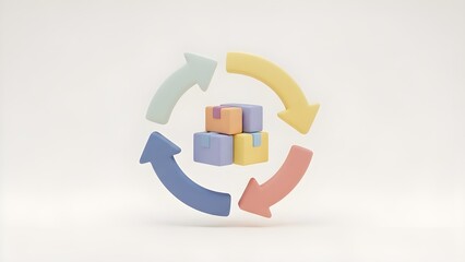 Circular logistics process and supply chain management concept with colorful arrows and cardboard boxes on a white background, representing continuous inventory flow