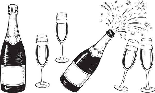 Bottle of champagne and pair of glasses. Popping bottle with cork flying out. Black and white hand drawn vector illustration