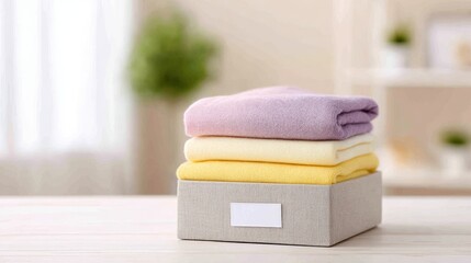 Stack of colorful towels in a storage box on a wooden table, with soft natural light illuminating the cozy interior, representing organization and moving house concept