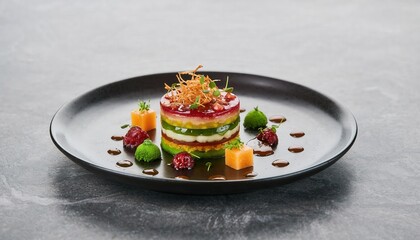 Artfully Plated Layered Gourmet Vegetable Stack with Vibrant Red Beet Green Zucchini Yellow Squash White Cheese Fresh Berry Microgreen Garnishes on Black Plate Dark Surface Diffused Natural Light