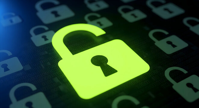Cybersecurity vulnerability alert with open padlock on digital binary code, data breach, unlock system, protection concept