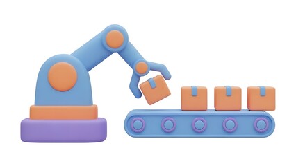 Automation in Production A 3D Rendering of a Robotic Arm Handling Boxes on a Conveyor Belt