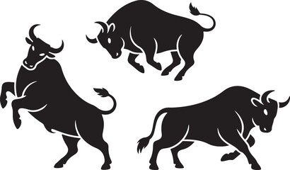 Bull set. Stylized silhouettes of standing in different poses and butting up bulls. Isolated on white background. Bull logo designs set. Vector illustration