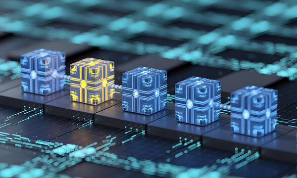 Modern blockchain technology concept with glowing cubes representing digital network connections for innovation and security - Powered by Adobe