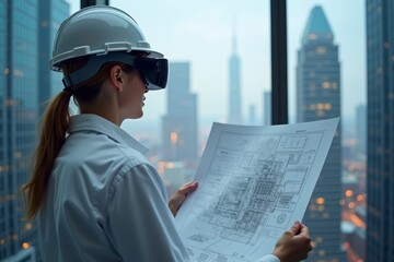 Architect Using Augmented Reality Glasses to Visualize Building Designs in Futuristic Cityscape while Holding Blueprints.