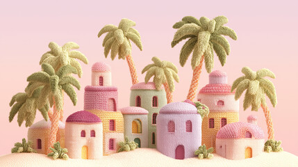 pink and yellow building surrounded by palm trees, bright colors, tropical ambiance, soft gray and white accents, vibrant sunlight casting playful shadows,