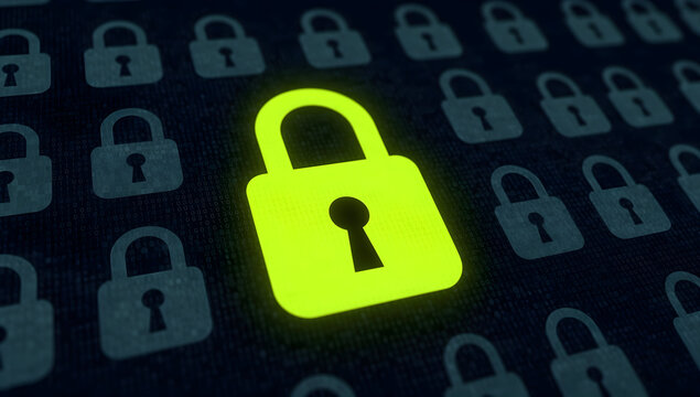 Cyber security padlock glows, safeguarding data privacy in digital age with encryption and secure online protection