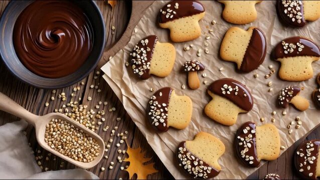 Chocolate dipped mushroom cookies on parchment, oat topped biscuit mushrooms glossy chocolate, bowl melted chocolate spoon, scoop cereal grains, autumn baking scene, wooden table detail