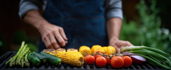 Joyful man grilling vibrant vegetables savoring the warmth of a backyard barbecue grill.