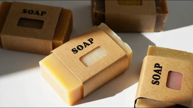 Natural soap bars with eco-friendly packaging on a light background, handmade skincare products, organic bath essentials, sustainable personal care, artisanal cleansing bars, zero waste beauty