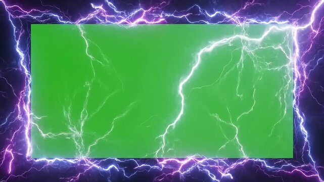 Digital Energy Framework with seamless looping lightning neon frame background or border on green screen distortion, overlay, glitch, static noise, scan lines black background, 4k animated video loop