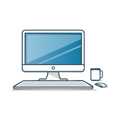 Modern flat design desktop computer setup with monitor keyboard mouse and coffee cup