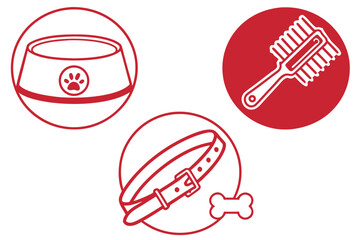 Red Line Art Icons of Dog Accessories and Food Bowl in Circles collar