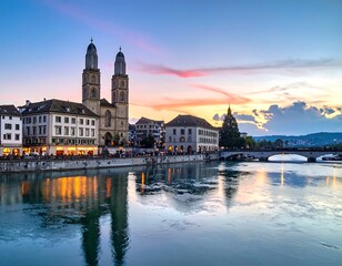 Fototapeta premium Twilight city view reflects in calm water, buildings with towers are near a bridge and lights